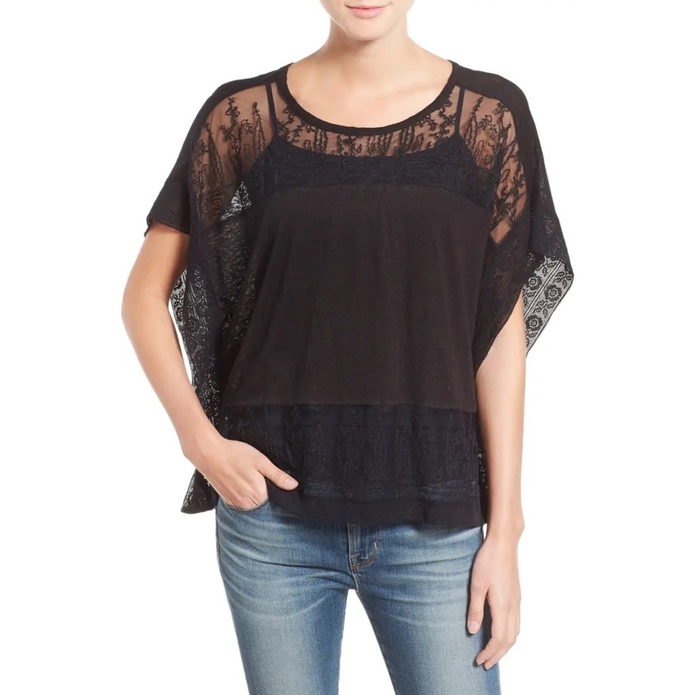 Vintage Lucky Brand Black Embroidered Illusion Scarf Top